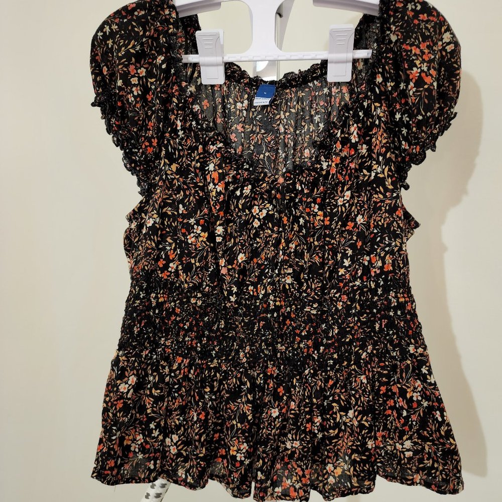 Black floral short sleeved blouse